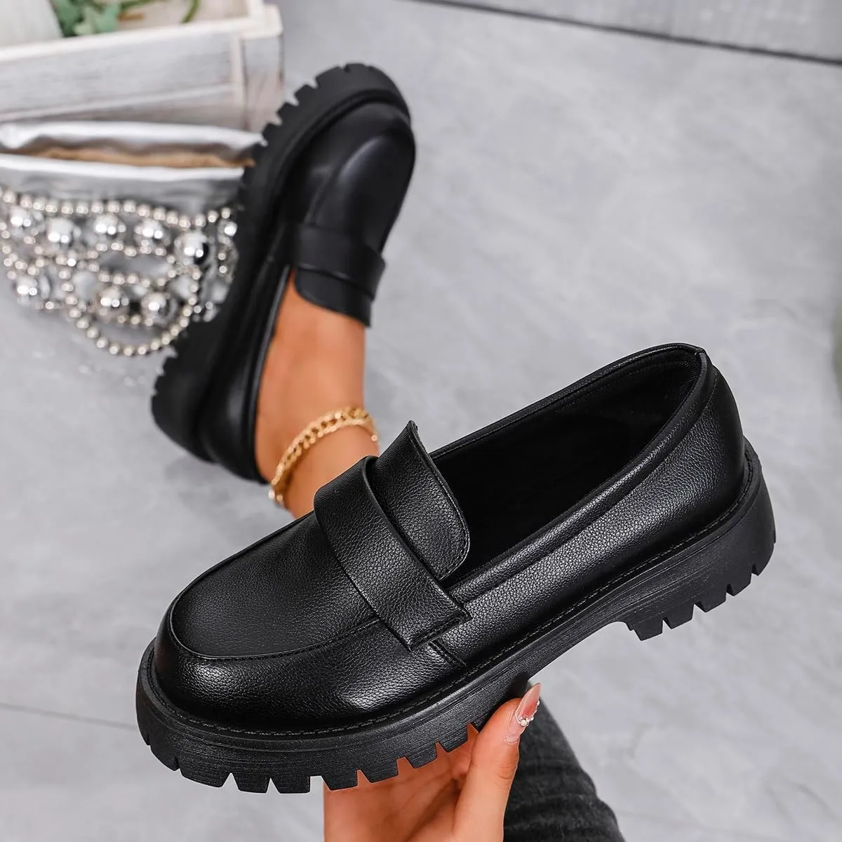 Women's Thick Bottom Penny Loafers, Non-Slip one Foot Stirrup Thick Heel Casual Business Leather Shoes, Office Work and Daily wear Solid Color Single Shoes