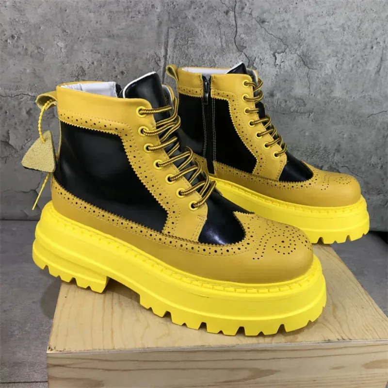 Yellow Color Block Brogue Ankle Boots