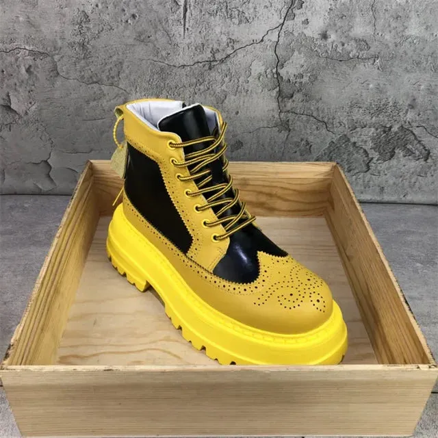 Yellow Color Block Brogue Ankle Boots