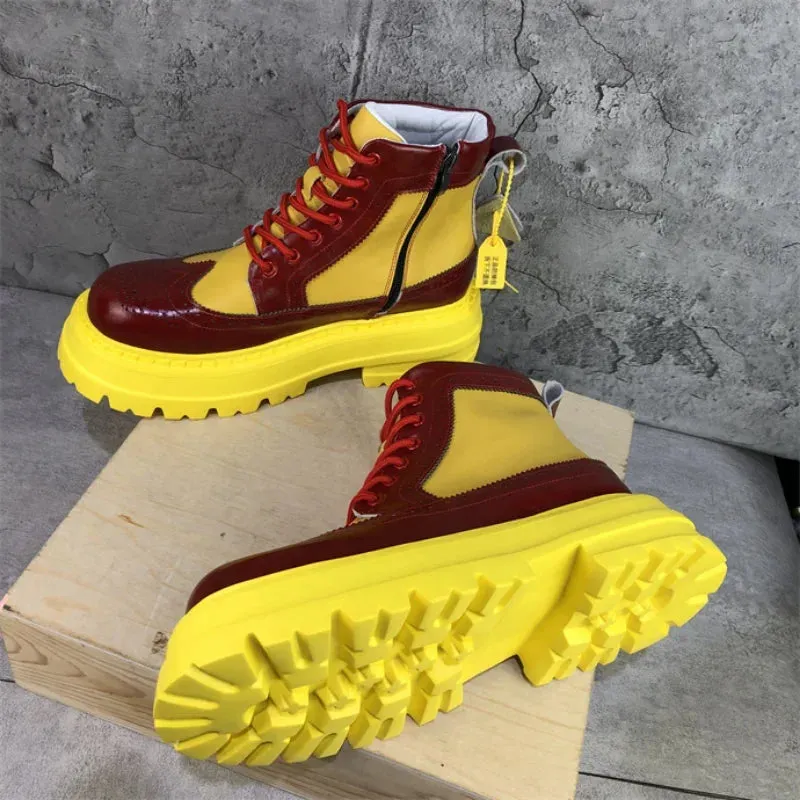 Yellow Color Block Brogue Ankle Boots