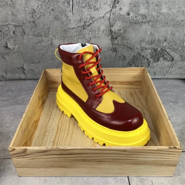 Yellow Color Block Brogue Ankle Boots