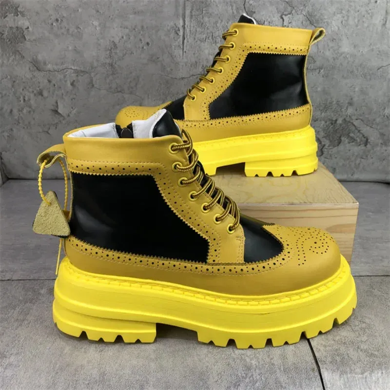 Yellow Color Block Brogue Ankle Boots