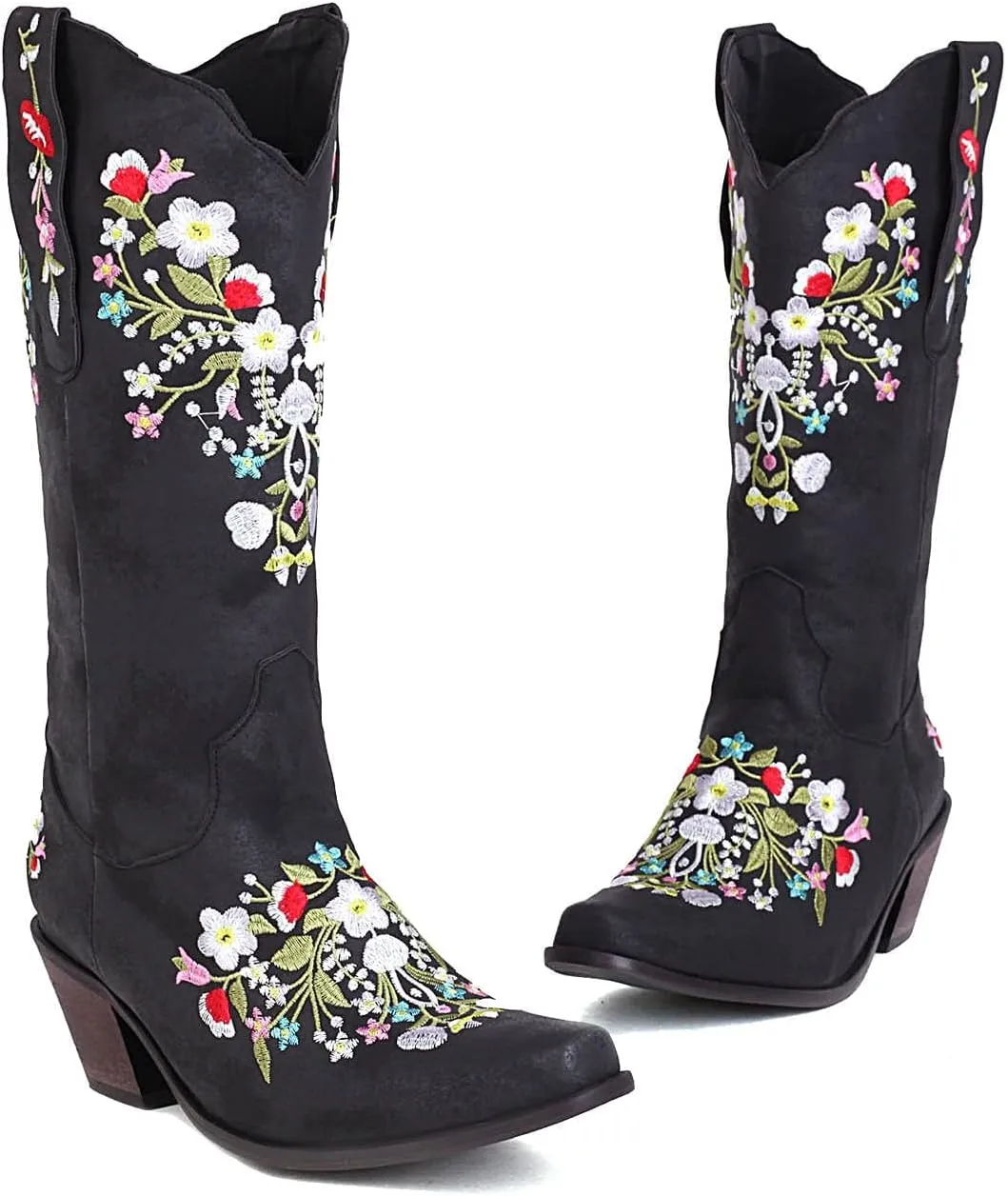 ZBYY Women Flower Embroidered Mid Calf Booties Square Toe Western Boots Chunky Heel Pull On Short Cowboy Cowgirl Boots