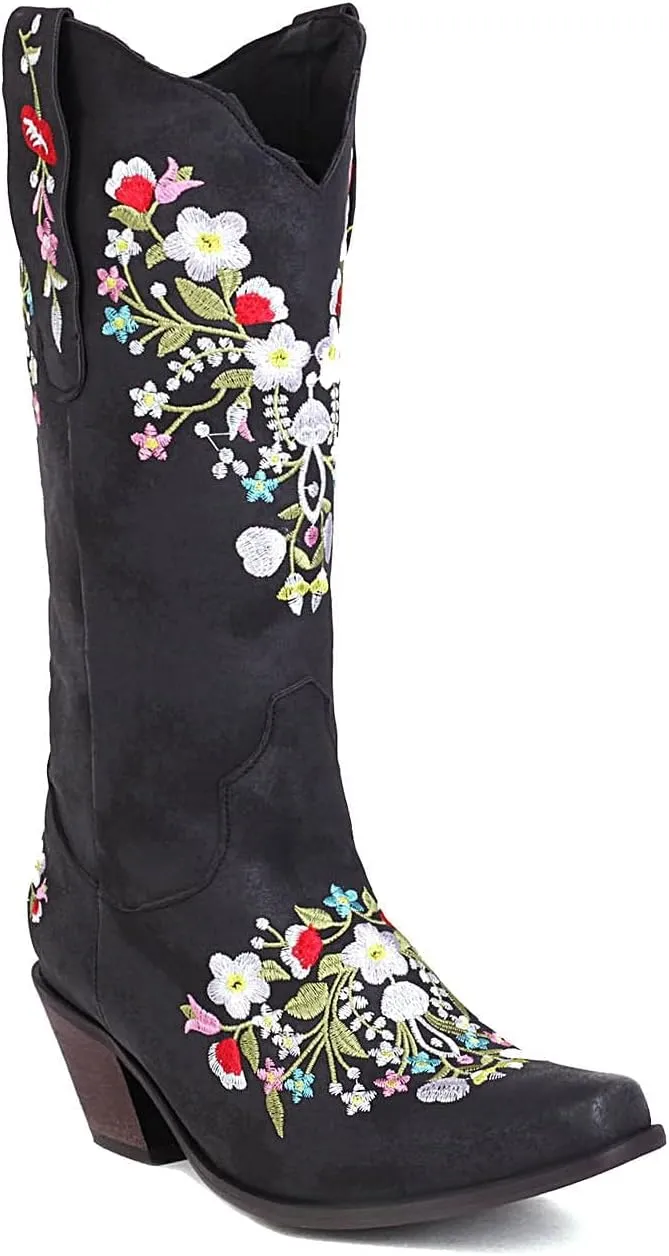 ZBYY Women Flower Embroidered Mid Calf Booties Square Toe Western Boots Chunky Heel Pull On Short Cowboy Cowgirl Boots