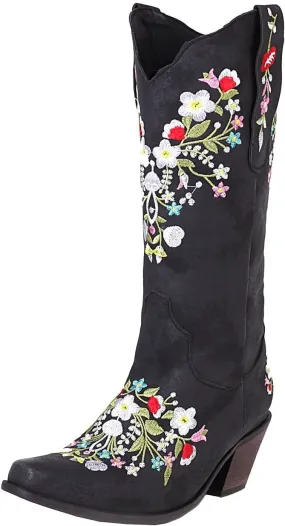 ZBYY Women Flower Embroidered Mid Calf Booties Square Toe Western Boots Chunky Heel Pull On Short Cowboy Cowgirl Boots