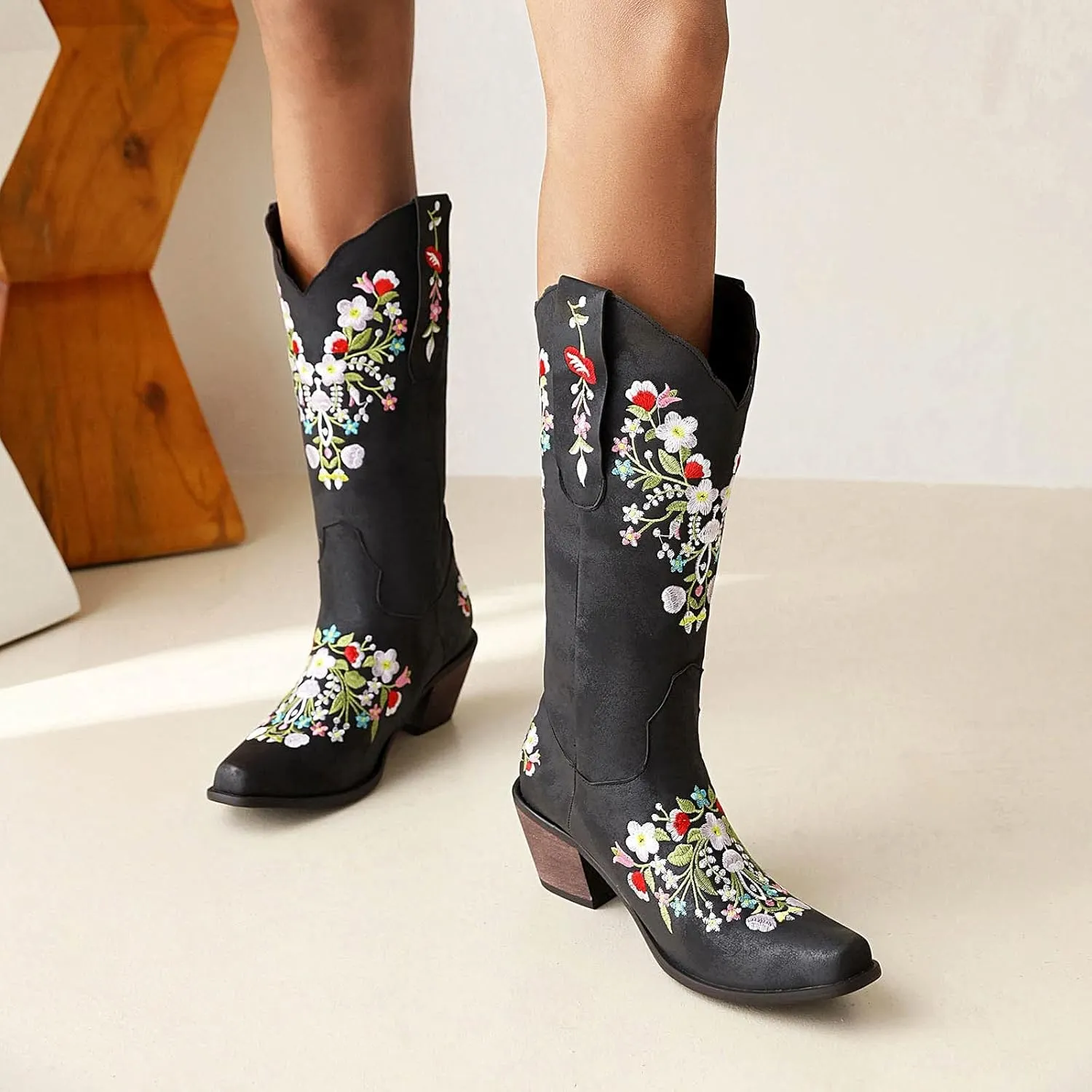 ZBYY Women Flower Embroidered Mid Calf Booties Square Toe Western Boots Chunky Heel Pull On Short Cowboy Cowgirl Boots